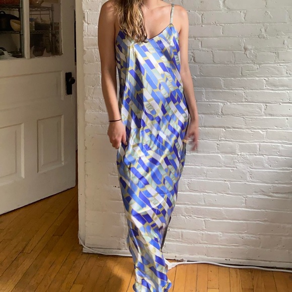 Vintage 90s Blue and Green Printed Maxi Slip Dress - Picture 2 of 4